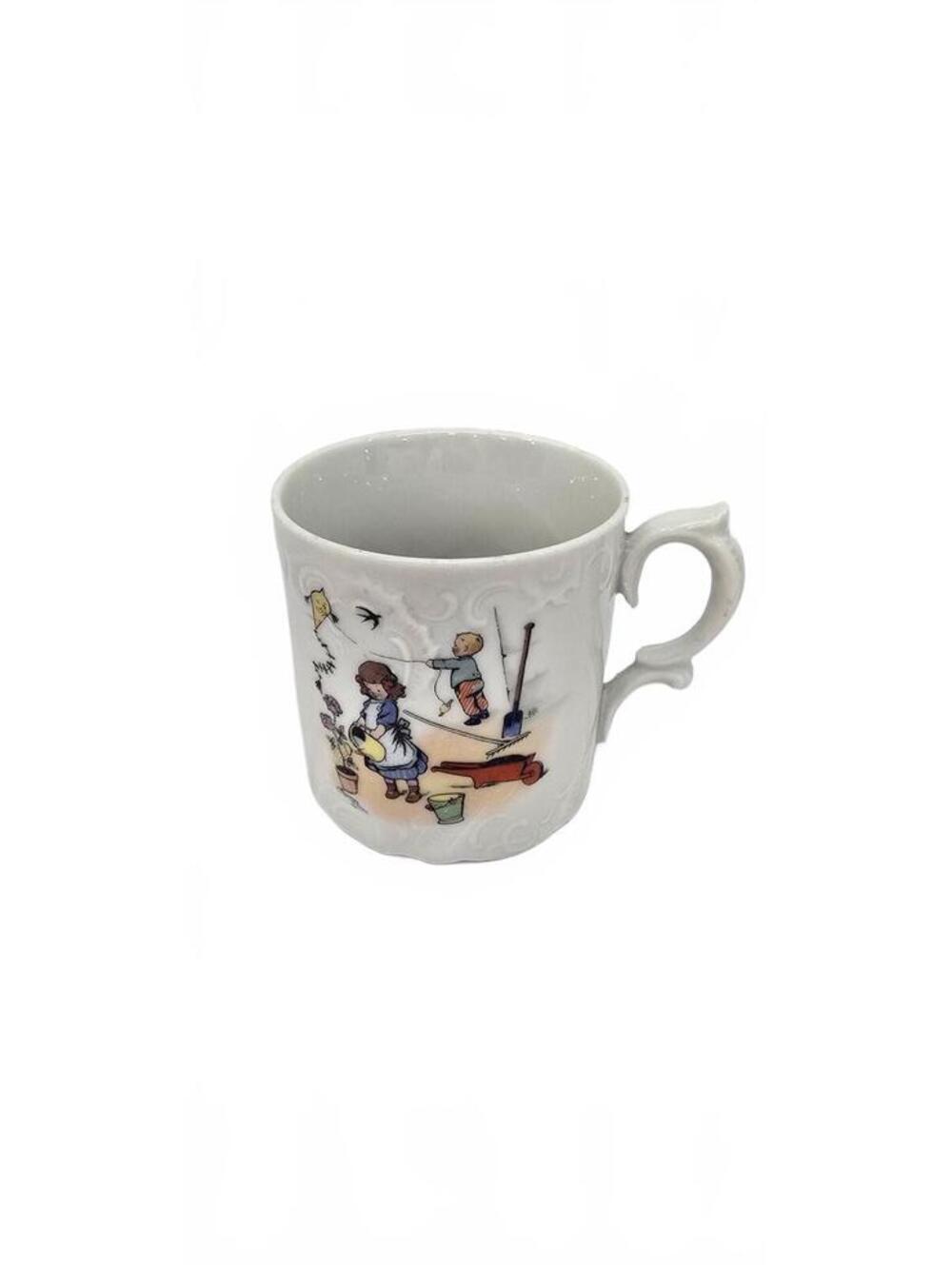 Vintage Ceramic Mug with Embossed Detailing and Colorful Illustrations
